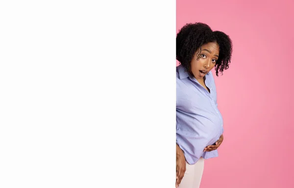 Happy Shocked Young Pregnant African American Curly Woman Casual Big — Stock Photo, Image
