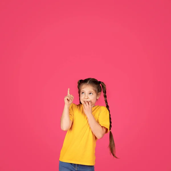 Excited Little Girl Pointing Finger Copy Space Funny Preteen Female — Stock Photo, Image
