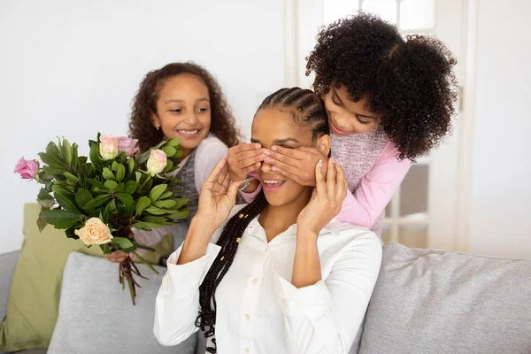 Family Holiday Concept Cheerful African American Daughters Closing Mothers Eyes — Stock Photo, Image