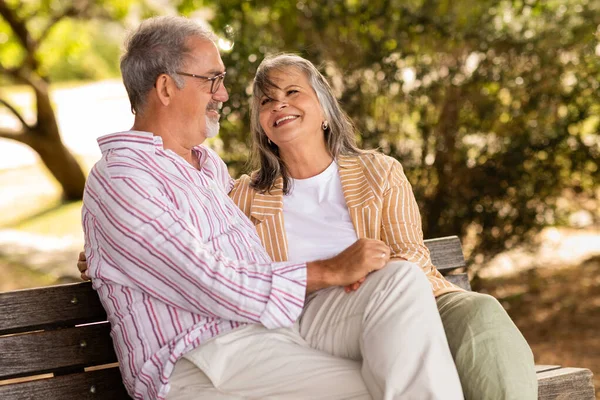 Cheerful Glad European Mature Couple Sit Bench Enjoy Date Together — Stock Photo, Image