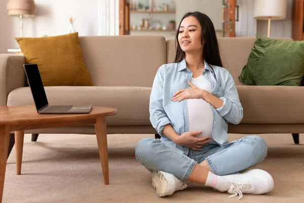 Embarazo Digital Ocio Embarazada Japonesa Dama Usando Ordenador Portátil Trabajo — Foto de Stock