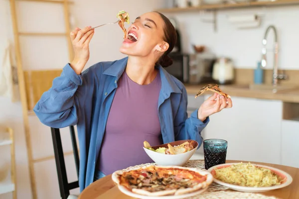 Hungry Young Pregnant Lady Eating Salad Holding Slice Pizza Other — Stock Photo, Image
