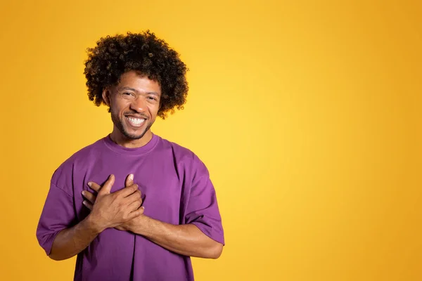 Alegre Hombre Rizado Adulto Negro Camiseta Púrpura Hace Gesto Gratitud —  Fotos de Stock