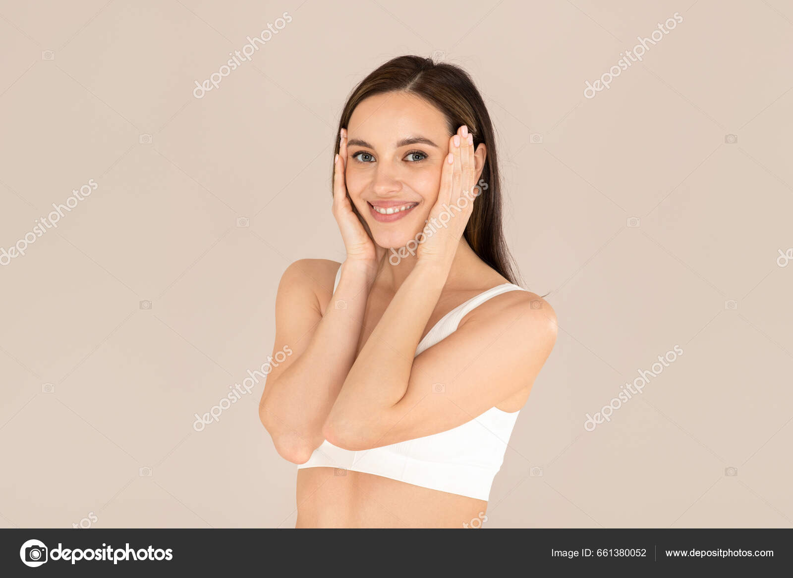 Cute Beautiful Young Caucasian Woman Underwear White Top Touching Her Stock  Photo by ©Milkos 661380052