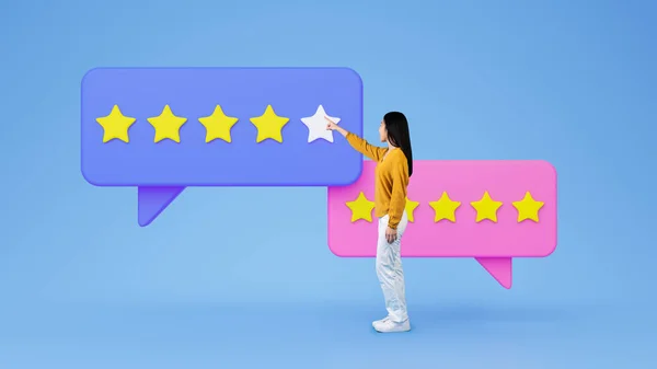 Clients Feedback. Asian Lady Customer Evaluating Online Service With Four And Five Stars Reviews, Posing With Big Rating Icons On Blue Studio Background. Collage, Panorama