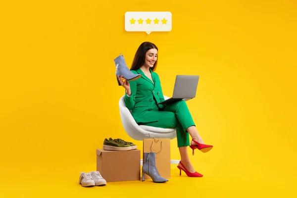 Great Shopping Website. Cheerful Customer Woman Using Laptop Buying High Quality Shoes And Leaving Great Five Star Reviews Online Sitting Over Yellow Studio Background. Collage