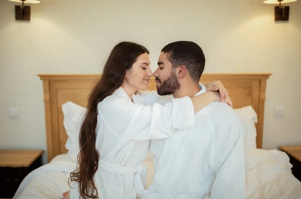Honeymoon Romance Romantic Mixed Couple Cuddling Embracing Bed Hotel Bedroom — Stock Photo, Image
