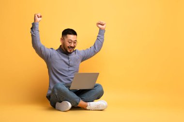 Asyalı heyecanlı genç adam dizüstü bilgisayar kullanıyor ve sarı arka planda otururken başarıyı kutluyor, Mutlu Doğu erkeği bilgisayar ekranına bakıyor ve yumruklarını sallıyor, boşluğu kopyala