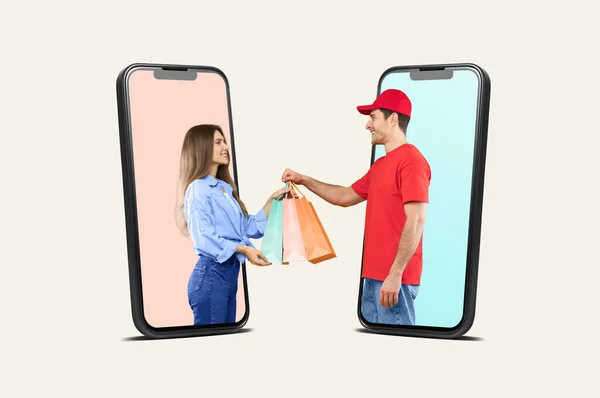 Shopping and delivery app. Courier man delivering order to lady buyer, standing in big smartphones with empty screens, creative collage. E-commerce concept