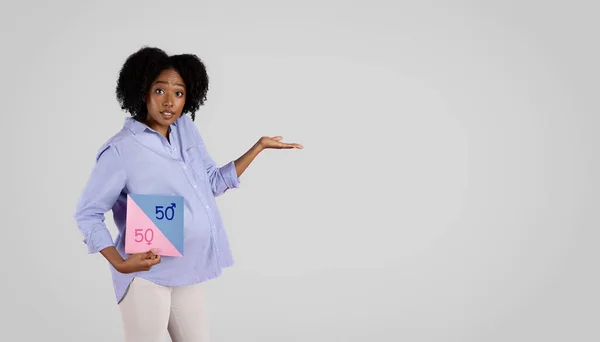 Forvirret Tusenårig Afroamerikansk Krøllete Gravid Kvinne Med Stor Banner Med – stockfoto