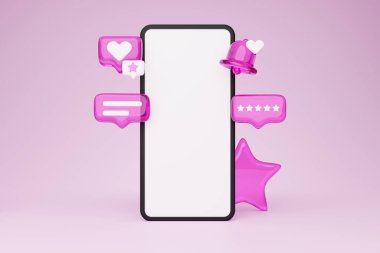 Mobil Uygulama Geribildirimi. Yıldızlar Arasında Boş Ekran Mesajları, Zil ve Pembe Stüdyo Arkaplanının Üzerinde duran Simgeler Gibi Büyük Telefon. Çevrimiçi İletişim Ofisi. Kolaj, Model