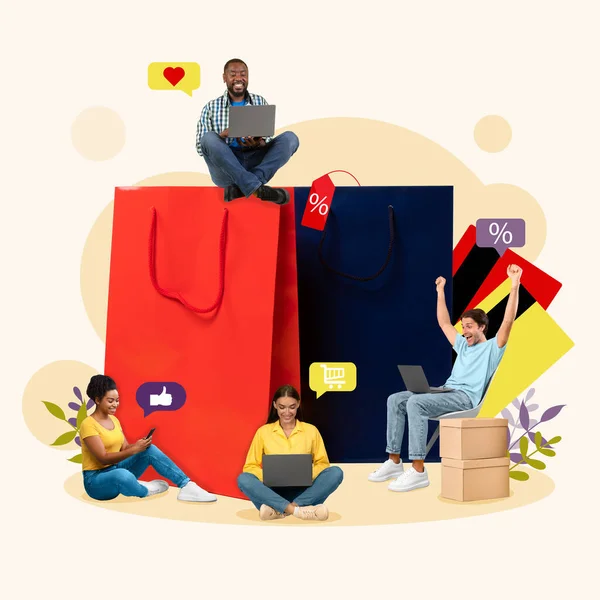 Sezonluk Satış Konsepti Dev Renkli Alışveriş Çantalarının Yanında Oturan Aletleri — Stok fotoğraf