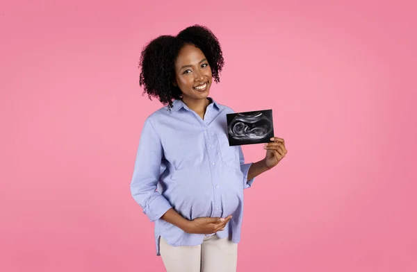 Smiling Millennial African American Curly Pregnant Woman Casual Touching Big — Stock Photo, Image