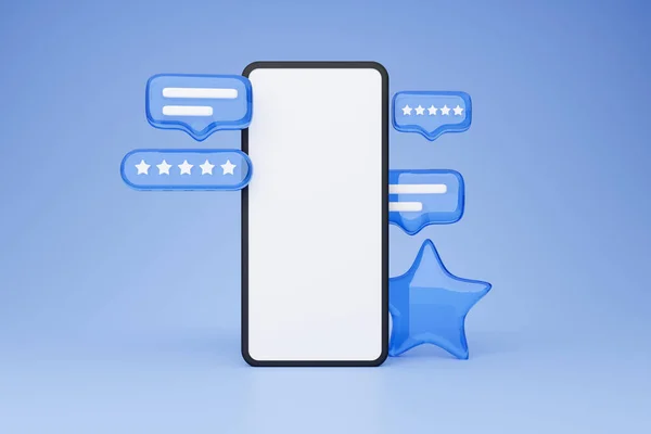 Aplikacja Mobilna Duży Smartfon Pustym Ekranem Niebieskim Tle Pięcioma Gwiazdami — Zdjęcie stockowe