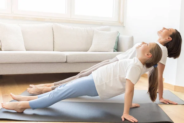 Cheerful Millennial Caucasian Mother Sportswear Teenage Daughter Practice Yoga Doing — Stock Photo, Image