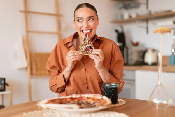 Joy Pizza Excited Lady Enjoying Eating Tasty Pizza Holding Biting — Stock Photo, Image