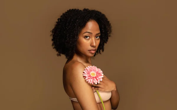 Mulher Negra Jovem Atraente Roupa Interior Nua Posando Com Rosa — Fotografia de Stock