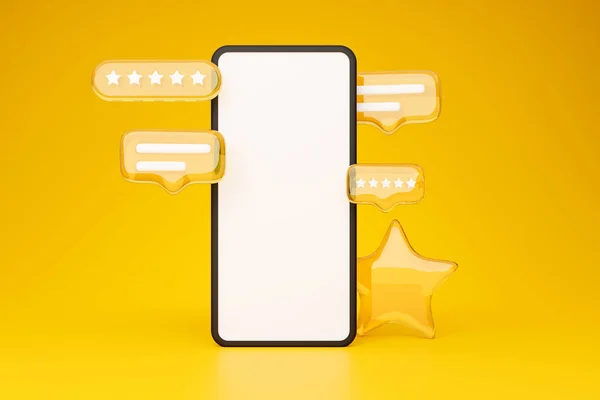 最高のモバイルサービス アプリケーション広告のための空の画面を持つ大きな携帯電話 黄色の背景に5つ星評価のアイコンやメッセージの間で立って コラージュモックアップ — ストック写真