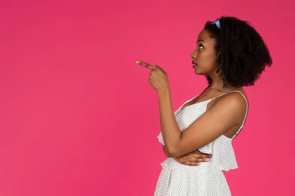 Serious Millennial Black Woman Student Pointing Finger Blank Space Thinking — Stock Photo, Image
