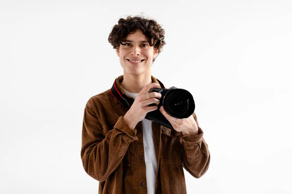Yaratıcı Fotoğrafçılık Kariyeri Eğitim Kavramı Elinde Fotoğraf Makinesi Olan Mutlu — Stok fotoğraf