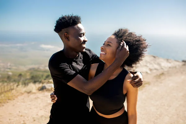 Happy Loving Black Couple Sportswear Hugging While Resting Workout Together — Stock Photo, Image