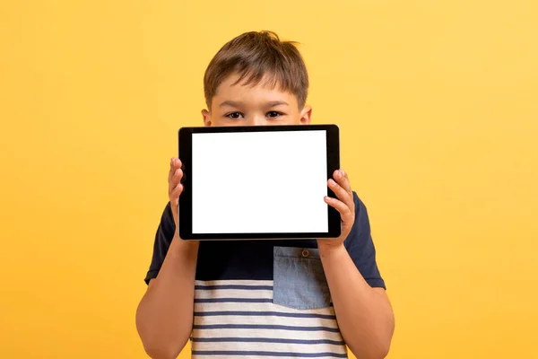 Yakışıklı Çocuk Okul Çağında Sıradan Tişörtlü Beyaz Ekranlı Yatay Dijital — Stok fotoğraf