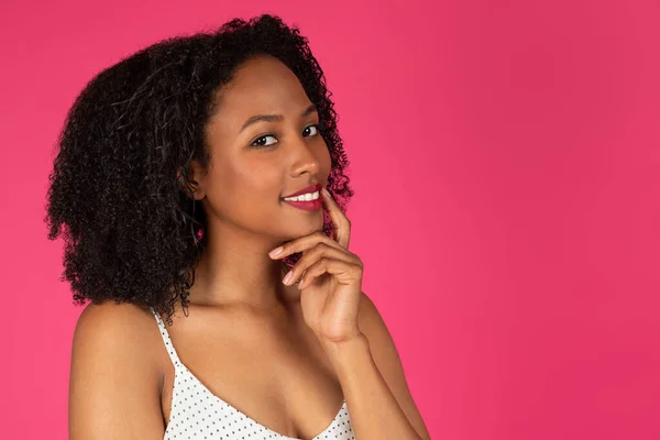 Happy Cheerful Pensive Young Black Curly Woman Puts Her Finger — Stock Photo, Image