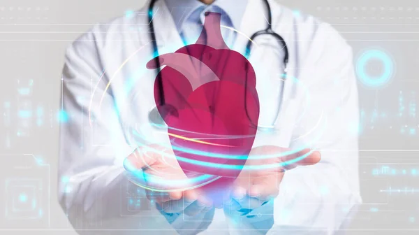 Modern Teknoloji Kardiyoloji Kalp Hastalığı Miyokardiyal Enfarktüs Doktor Elinde Kocaman — Stok fotoğraf