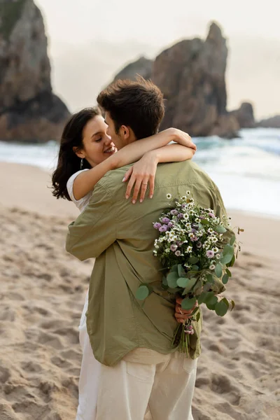 Young Couple Love Embracing Having Romantic Date Beach Man Holding — Stock Photo, Image
