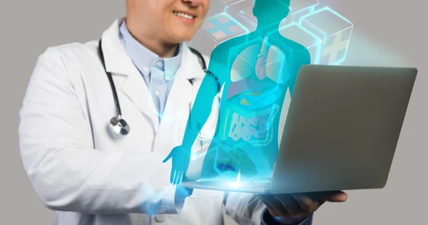 Innowacyjna Koncepcja Technologii Medycznych Kolaż Nierozpoznawalny Mężczyzna Płaszczu Medycznym Lekarz — Zdjęcie stockowe