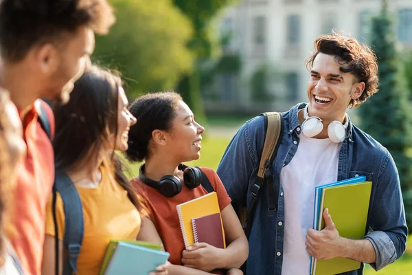 Group Multiethnic Students Resting Campus Outdoors Break Classes Happy Young — Stock Photo, Image