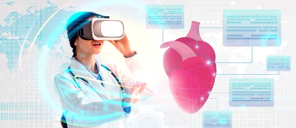 Conceito Inovador Tecnologia Saúde Colagem Jovem Cardiologista Médico Tocando Grande — Fotografia de Stock