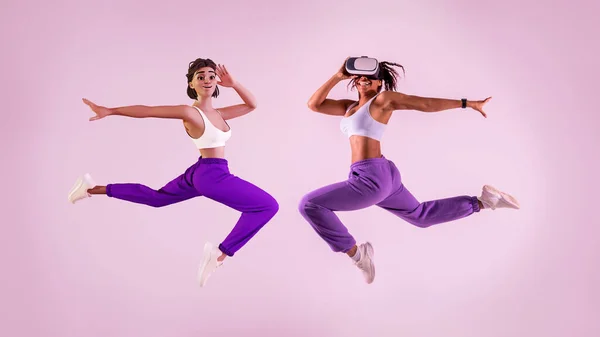 Virtual fitness game. Young black woman working out with 3D technology, jumping mid air as metaverse avatar wearing vr headset, purple studio background, full length