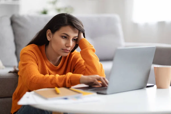 Job Burnout Exhausted Young Eastern Woman Freelancer Working Home Sitting — Stock Photo, Image
