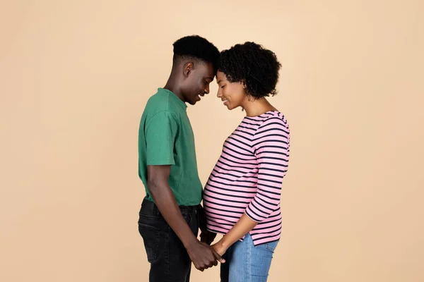 很高兴年轻的非洲裔美国丈夫牵着怀孕的妻子的手 她的肚子很大 在米色的工作室背景下被隔离 家庭和关系 一起等孩子 — 图库照片