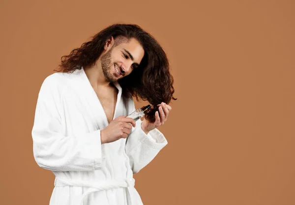Male Haircare Happy Brunette Young Man Applying Serum Long Curly — Stock Photo, Image