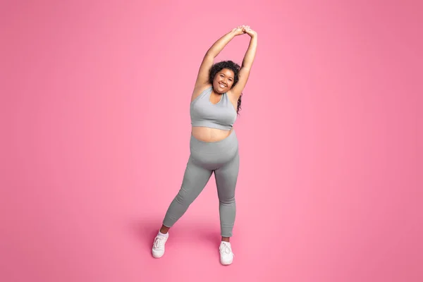 Positive Black Size Lady Sportswear Doing Arm Stretching Exercises Warming — Stock Photo, Image