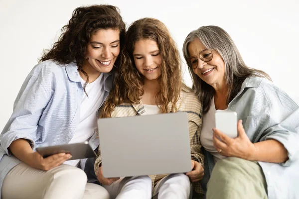 Smiling European Old Adult Teen Woman Smartphone Tablet Laptop Have — Stock Photo, Image