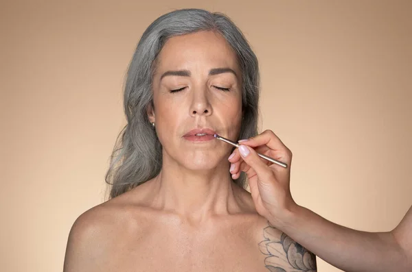 Artista Maquillaje Profesional Haciendo Maquillaje Desnudo Para Mujer Pelo Gris — Foto de Stock