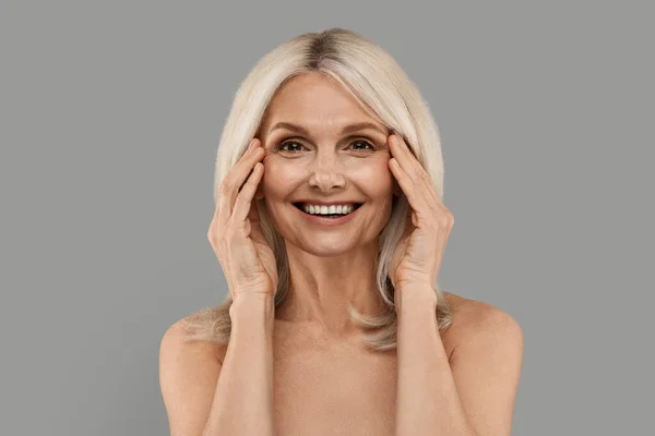 Face Laser Resurfacing Happy Mature Female Beautiful Skin Posing Grey — Stock Photo, Image
