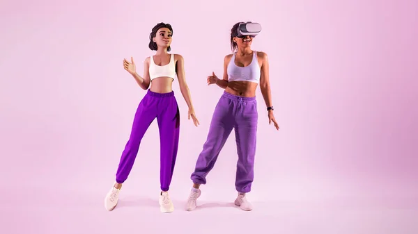 楽しいダンスは邪魔に動きます 幸せな若いですアフリカ系アメリカ人女性でスポーツウェアを身に着けていますVrで3Dアバターとして踊ります 紫のスタジオの背景 パノラマ — ストック写真