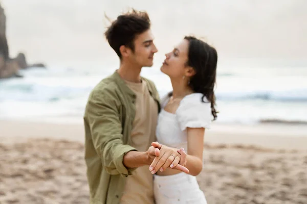 Fresh Engaged Young Couple Dancing Enjoying Romantic Engagement Day Beach — Stock Photo, Image