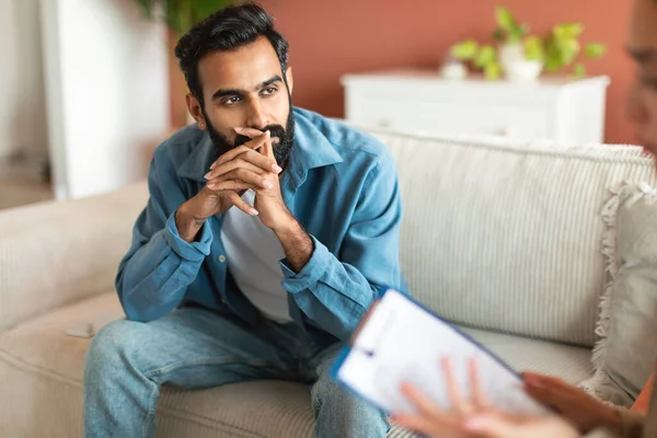 Psychological Help Middle Eastern Bearded Man Thinking Consulting Therapist Lady — Stock Photo, Image