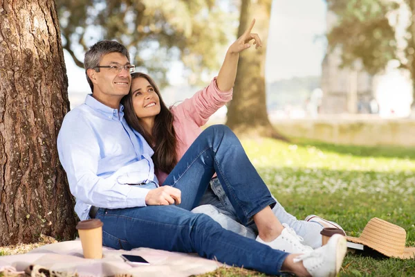 Romantic Middle Aged Couple Having Picnic Summer Park Happy Mature — Stock Photo, Image