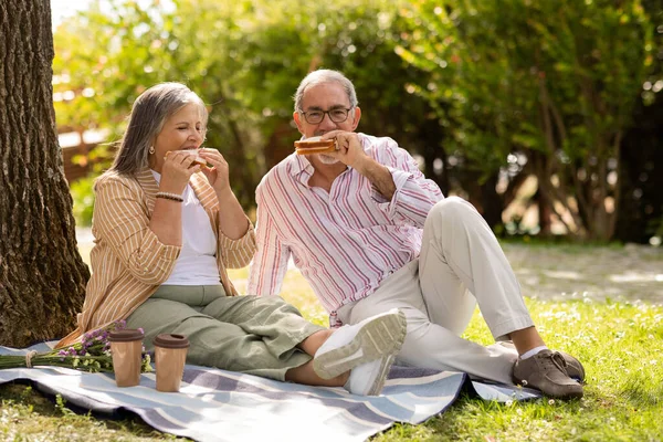 Positive Old European Husband Wife Eat Sandwich Enjoy Picnic Together — Stock Photo, Image