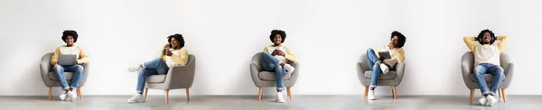 Цифрова Активність Колаж Щасливим Чорним Хлопцем Використовуючи Різні Гаджети Сидячи — стокове фото