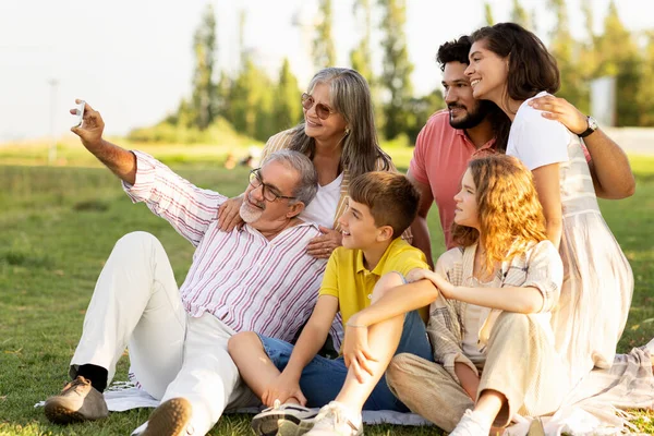 밀레니엄 가족들은 소풍을 즐기고 공원에서 스마트폰으로 셀피를 먹는다 시간의 야외에서의 — 스톡 사진