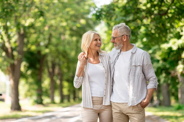 Romantic Senior Couple Walking Outdoors Summer Park Embracing Loving Happy — Stock Photo, Image