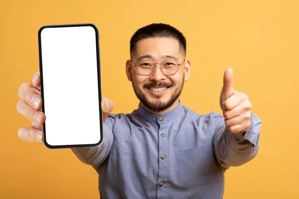 Ich Empfehle Fröhlicher Junger Asiatischer Mann Zeigt Leeres Smartphone Mit — Stockfoto