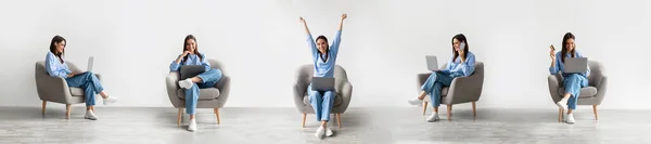 Lazer Online Colagem Com Jovem Europeia Feliz Usando Laptop Navegando — Fotografia de Stock